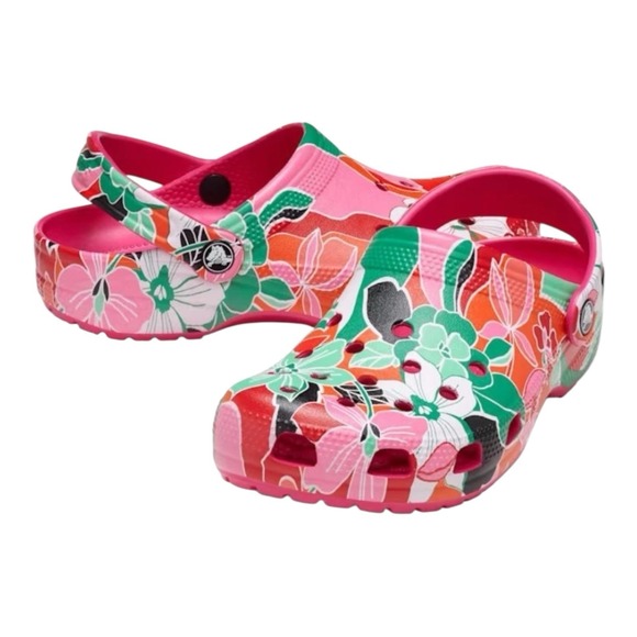Crocs Classic Woodcut Floral Clogs Women Sz 7 Dragon Fruit Pink Shoes 209839-6ZQ - Picture 2 of 6